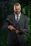  1boy assault_rifle beard blonde_hair buttons character_name closed_mouth copyright_name facial_hair green_background grey_sleeves gun holding holding_weapon jason_(resident_evil) long_sleeves looking_to_the_side necktie resident_evil resident_evil:_infinite_darkness rifle shirt short_hair standing trigger_discipline tuxedo upper_body v-shaped_eyebrows weapon white_shirt 