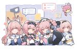  5girls animal_ear_fluff animal_ears arknights cat_ears cat_girl cellphone character_doll character_request color_connection drill_hair duck_lord_(arknights) eureka_(arknights) fedora fingerless_gloves gloves goldenglow_(arknights) hair_color_connection hairband hat headphones highres holding holding_phone multiple_girls phone pink_hair pozyomka_(arknights) pudding_(arknights) scottish_fold selfie smartphone stuffed_animal stuffed_duck stuffed_seal stuffed_toy twin_drills tyuui v wolf_ears wolf_girl 