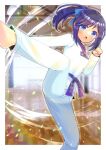  1girl :o barefoot black_hair blue_bow blue_eyes blurry blurry_background bow commentary_request commission day depth_of_field dougi feet_out_of_frame hair_bow kicking kou_hiyoyo long_sleeves open_mouth original pants ponytail skeb_commission solo standing standing_on_one_leg sunlight v-shaped_eyebrows white_pants window 