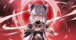  1girl absurdres black_headwear breasts chinese_commentary closed_mouth drill_hair earrings grey_hair hair_between_eyes highres honkai_(series) honkai_impact_3rd jewelry looking_at_viewer medium_hair ooo_wange open_hands prometheus_(honkai_impact) red_background red_eyes small_breasts solo upper_body v-shaped_eyebrows 