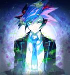  1boy blazer blue_hair blue_necktie collared_shirt digital_dissolve fujiki_yuusaku glaring green_eyes jacket male_focus medium_hair misato_(machamiri) necktie open_clothes open_jacket purple_hair school_uniform shirt solo spiky_hair upper_body yu-gi-oh! yu-gi-oh!_vrains 