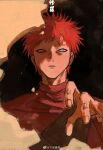  1boy gaara_(naruto) geokinesis green_eyes hand_up highres looking_at_viewer male_focus myyykco naruto_(series) naruto_shippuuden open_hand redhead sand serious shaded_face shirt short_hair solo tattoo upper_body 