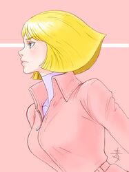  1girl aobito_sukoyaka_bystander blonde_hair blue_eyes breasts closed_mouth collarbone gundam highres lips mobile_suit_gundam sayla_mass short_hair solo zipper_pull_tab 