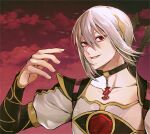  1boy black_choker choker cm_minis collared_shirt fire_emblem fire_emblem_engage hair_ornament high_collar highres looking_at_viewer male_focus nil_(fire_emblem) puffy_sleeves red_eyes red_sky shirt short_hair sky smirk solo white_hair 