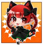  1girl :3 :d animal_ears black_dress blunt_bangs bow braid cat_ears cat_tail chibi dress eyes_visible_through_hair full_body hair_bow hair_ribbon highres ishiki_nuru juliet_sleeves kaenbyou_rin long_hair long_sleeves multiple_tails nekomata outline paw_pose puffy_sleeves red_eyes redhead ribbon simple_background smile solo standing standing_on_one_leg tail touhou tress_ribbon twin_braids two_tails very_long_hair white_outline 