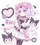  1girl arm_warmers belt black_choker bow choker earrings hair_bow hair_ornament hairclip heart highres jewelry kuromi letter long_hair one_side_up original pink_bow pink_sailor_collar pleated_skirt purple_hair sailor_collar sanrio single_arm_warmer single_leg_pantyhose skirt skirt_hold violet_eyes white_skirt yukomeow yume_kawaii 