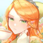  1girl closed_mouth cup etie_(fire_emblem) fire_emblem fire_emblem_engage green_eyes highres holding holding_cup long_hair looking_at_viewer orange_hair pout solo swept_bangs tea teacup tiara youhei_choregi 