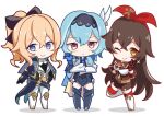 3girls amber_(100_outrider)_(genshin_impact) amber_(genshin_impact) annoyed black_bow black_hairband blonde_hair blue_eyes blue_hair blue_thighhighs boots bow brown_hair chibi closed_mouth eula_(genshin_impact) full_body genshin_impact hairband highres jean_(genshin_impact) jean_(gunnhildr&#039;s_legacy)_(genshin_impact) long_hair long_sleeves looking_at_viewer medium_hair mon-chan multiple_girls one_eye_closed pants red_bow red_thighhighs simple_background smile sparkle standing thigh-highs v white_background white_pants yellow_eyes 