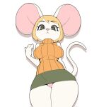  1girl :&lt; animal_ears ashley_graham ashley_graham_(mouse) bare_legs bare_shoulders blonde_hair breasts furry furry_female green_eyes highres hips huge_breasts large_breasts lineart looking_at_viewer medium_breasts mouse mouse_ears mouse_girl mouse_tail original potatoartox resident_evil resident_evil_4 resident_evil_4_(remake) self-upload solo tail thick_thighs thighs wide_hips 