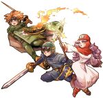  1girl 2boys blue_eyes blue_headwear blue_tunic boots brown_footwear brown_gloves cape closed_mouth commentary_request cousins dragon_quest dragon_quest_ii fighting_stance fire full_body gloves goggles goggles_on_headwear green_cape holding holding_shield holding_staff holding_sword holding_weapon hood long_hair looking_to_the_side magic multiple_boys open_mouth orange_gloves orange_hair piyoko_saito prince prince_of_lorasia prince_of_samantoria princess princess_of_moonbrook purple_hair pyrokinesis red_footwear red_headwear robe shield shirt spiky_hair staff sword violet_eyes weapon white_background white_robe 