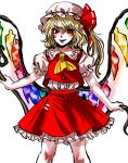  1girl :d ascot blonde_hair blush breasts center_frills crystal fangs feet_out_of_frame flandre_scarlet frills hair_between_eyes hat highres holding holding_weapon kuya_(hey36253625) laevatein_(touhou) legs_apart medium_hair mob_cap one_side_up petticoat pointy_ears puffy_short_sleeves puffy_sleeves red_eyes red_vest short_sleeves skirt skirt_set small_breasts smile solo touhou vest weapon wings yellow_ascot 