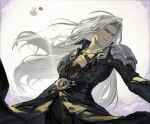  1boy armor baby_akachan belt_buckle black_jacket blue_eyes buckle chest_strap clouds cloudy_sky cowboy_shot dual_persona final_fantasy final_fantasy_vii final_fantasy_vii_remake flying grey_hair high_collar highres jacket long_bangs long_hair long_jacket long_sleeves male_focus safer_sephiroth sephiroth shoulder_armor sky smile toned toned_male 
