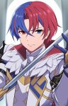  1boy alear_(fire_emblem) alear_(male)_(fire_emblem) ascot blue_eyes blue_hair closed_mouth fire_emblem fire_emblem_engage gloves highres holding holding_weapon long_sleeves looking_at_viewer multicolored_hair namu_(112namu) red_eyes redhead short_hair solo two-tone_hair weapon white_ascot 