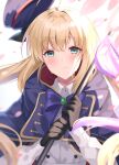  1girl ahoge artoria_caster_(fate) artoria_caster_(second_ascension)_(fate) artoria_pendragon_(fate) black_gloves blonde_hair blue_bow blue_bowtie blue_capelet blue_headwear blush bow bowtie brooch buttons capelet closed_mouth collared_dress commentary_request crying crying_with_eyes_open dress fate/grand_order fate_(series) floating gloves gold_trim green_eyes hat holding holding_staff holding_weapon jewelry long_hair long_sleeves looking_at_viewer no_headwear petals sakura_(tariliko) smile solo staff tears twintails weapon white_background white_dress 