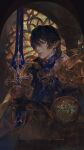  1boy arch armor aymeric_de_borel black_hair blue_eyes earclip earrings elezen elf expressionless final_fantasy final_fantasy_xiv from_side gauntlets hair_between_eyes highres holding holding_sword holding_weapon indoors jewelry looking_ahead male_focus painterly pauldrons pillar pointy_ears realistic short_hair shoulder_armor single_gauntlet solo stained_glass sukly sword temple_knight_(final_fantasy_xiv) upper_body wavy_hair weapon window 