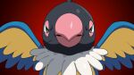  angry animal_focus bird black_eyes chatot commentary drunkoak english_commentary gradient_background half-closed_eyes highres looking_at_viewer no_humans pokemon pokemon_(creature) red_background scar scar_on_face simple_background solo straight-on upper_body 