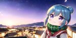 1girl awwesomeai blue_hair blush building chibi city city_lights cityscape gradient_sky green_scarf hair_bun night night_sky outdoors scarf shima_rin sky smile solo sparkle star_(sky) starry_background starry_sky striped_scarf sunrise sunset town twilight violet_eyes winter yurucamp