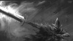  1boy abyss_watcher armor artist_name cape dagger dark_souls_(series) dark_souls_iii dual_wielding flaming_sword flaming_weapon greatsword greyscale helmet highres holding holding_dagger holding_knife holding_sword holding_weapon knife littlebambdraws monochrome raise_sword shoulder_armor solo standing sword weapon 