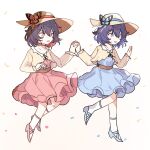  2girls :d black_hair blue_choker blue_dress blue_eyes blue_footwear brown_headwear brown_shirt choker commentary dress english_commentary hair_between_eyes high_heels highres holding_hands honkai_(series) honkai_impact_3rd interlocked_fingers long_sleeves looking_away multicolored_hair multiple_girls pink_choker pink_dress pink_footwear red_eyes redhead seele_(alter_ego) seele_vollerei shirt shoes si_(si_sowofei) simple_background smile socks two-tone_hair v-shaped_eyebrows white_background white_socks 