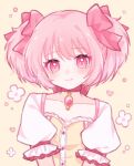  1girl blush bow bow_choker choker hair_bow highres kaname_madoka magical_girl mahou_shoujo_madoka_magica pink_bow pink_choker pink_eyes pink_gemstone pink_hair puffy_short_sleeves puffy_sleeves short_sleeves smile solo twintails yukomeow 