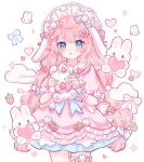  1girl animal_ears blue_eyes bow detached_sleeves dress hair_bow hair_ornament hairclip headdress long_hair original pink_bow pink_dress pink_hair rabbit_ears rabbit_hair_ornament sailor_collar stuffed_animal stuffed_rabbit stuffed_toy white_sailor_collar yukomeow yume_kawaii 