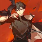  1boy animal_on_arm ask_(askzy) bird bird_on_arm black_cape black_hair black_shirt cape crow grey_eyes haikyuu!! hair_between_eyes kageyama_tobio looking_at_viewer male_focus red_background shadow shirt short_hair sleeves_rolled_up solo upper_body 