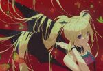  1girl black_choker blonde_hair boori988 bug butterfly choker closed_mouth demon_girl demon_wings dress facing_to_the_side green_butterfly head_wings highres hoshina_utau looking_to_the_side lunatic_charm orange_butterfly red_background red_butterfly red_dress red_theme shugo_chara! sleeveless sleeveless_dress twintails violet_eyes wings yellow_butterfly 