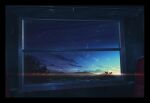  akafune black_border border city_lights clouds commentary_request dawn indoors mountain mountainous_horizon nature no_humans original scenery shooting_star signature sky star_(sky) starry_sky sun_glare train_interior tree window 