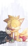  2boys animal_ears animal_nose body_fur fox_boy fox_ears fox_tail furry furry_male highres hug kneeling male_focus mechanical_arms mechanical_tentacles misuta710 multiple_boys multiple_tails nine_(sonic) open_mouth orange_fur science_fiction simple_background sonic_(series) sonic_prime tail tails_(sonic) two_tails white_background 