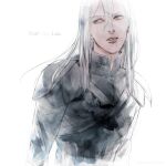  1boy armor black_coat black_sleeves chest_harness coat english_text final_fantasy final_fantasy_vii final_fantasy_vii_advent_children grey_eyes grey_hair harness head_tilt high_collar kayaze long_hair long_sleeves male_focus parted_lips shoulder_armor solo straight_hair white_background white_hair yazoo zipper 