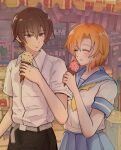  1boy 1girl black_pants blue_sailor_collar blue_serafuku blue_skirt blunt_ends blush breasts brown_hair closed_eyes collared_shirt cowboy_shot food food_on_face hair_between_eyes highres higurashi_no_naku_koro_ni holding_ice_cream ice_cream_cone looking_at_another maebara_keiichi medium_breasts neckerchief orange_hair outdoors pants parted_bangs pleated_skirt ryuuguu_rena sailor_collar school_uniform serafuku shirt short_hair short_sleeves skirt smile storefront violet_eyes white_shirt yellow_neckerchief yuno_ff 