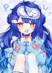  1girl absurdres ahoge amamiya_kokoro bell blue_choker blue_hair blue_jacket blush choker cloud_hair_ornament hair_ornament highres ineka_ka jacket long_hair neck_bell nijisanji open_clothes open_jacket pacifier single_thighhigh sleep_mask solo thigh-highs virtual_youtuber white_thighhighs x_hair_ornament yellow_eyes 