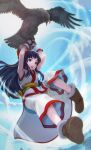  1girl ainu ainu_clothes armpits arms_up bird black_eyes black_hair blue_sky boots bow brown_footwear clouds cloudy_sky dys eagle fingerless_gloves full_body gloves hair_bow highres nakoruru ninja open_mouth outdoors red_bow samurai_spirits shoe_soles sky solo white_gloves 