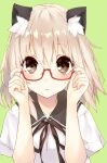  1girl :&lt; adjusting_eyewear animal_ear_fluff animal_ears black_ribbon brown_eyes cat_ears cat_girl glasses green_background hair_between_eyes light_blush light_brown_hair looking_at_viewer medium_hair original ribbon saeki_touma sailor_collar semi-rimless_eyewear shirt short_sleeves solo sweatdrop under-rim_eyewear upper_body white_shirt 