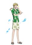  1boy bad_source blonde_hair bungou_stray_dogs full_body glasses green_shirt kunikida_doppo_(bungou_stray_dogs) male_focus male_swimwear official_art open_mouth pointing sandals shirt short_sleeves swim_trunks teeth toenails toes whistle whistle_around_neck 