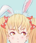 1girl anihelate animal_ear_fluff animal_ears artist_name blonde_hair blue_background bow commentary frown hair_bow highres looking_to_the_side orange_eyes original polka_dot polka_dot_bow portrait rabbit_ears raised_eyebrow solo symbol-only_commentary twintails 