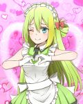  1girl ;) alina_gray alternate_costume apron black_necktie blonde_hair blush bow closed_mouth collared_dress dress enmaided frilled_apron frills gloves green_dress green_hair hair_bow heart heart_hands long_hair magia_record:_mahou_shoujo_madoka_magica_gaiden mahou_shoujo_madoka_magica maid maid_apron maid_headdress multicolored_hair necktie one_eye_closed pink_background sansho_ss smile solo straight_hair streaked_hair white_apron white_gloves 