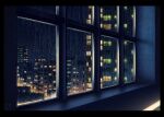  akafune black_border border building city city_lights cityscape commentary_request floor_lamp indoors night night_sky no_humans original rain scenery shadow signature sky water_drop window 