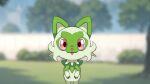  :3 animal_focus blurry blurry_background cat claws commentary day drunkoak english_commentary fangs happy highres looking_at_viewer no_humans open_mouth outdoors pokemon pokemon_(creature) raised_eyebrows red_eyes smile solo sprigatito standing straight-on tree 