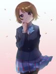  1girl black_pantyhose blazer blue_bow blue_bowtie blue_jacket blue_skirt bow bowtie brown_hair closed_mouth collared_shirt commentary falling_petals hand_on_own_cheek hand_on_own_face happy_birthday highres jacket koizumi_hanayo long_sleeves looking_at_viewer love_live! otonokizaka_school_uniform pantyhose petals plaid plaid_skirt pleated_skirt school_uniform shirt short_hair skirt smile solo standing striped striped_bow striped_bowtie umezu_8989 violet_eyes white_shirt wing_collar winter_uniform 