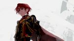  alear_(fire_emblem) alear_(male)_(fire_emblem) black_shirt cape closed_mouth fire_emblem fire_emblem_engage game_ym0000 gold_trim highres long_sleeves looking_away past_alear_(male) red_eyes redhead shirt short_hair solo white_background 