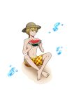  1boy bad_source barefoot blonde_hair bungou_stray_dogs closed_eyes feet fingernails food freckles fruit hair_between_eyes hat legs male_focus male_swimwear miyazawa_kenji_(bungou_stray_dogs) official_art sand smile straw_hat swim_trunks toenails toes topless_male watermelon 