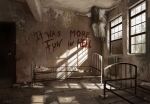 1girl 1other absurdres bed_frame black_hair highres horror_(theme) hospital_gown indoors original scenery signature solo_focus stefan_koidl text_focus window writing_on_wall 