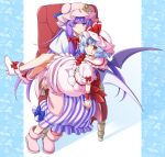  2girls armchair blue_hair blunt_bangs boots chair crescent crescent_hat_ornament dress eichi_yuu eyes_visible_through_hair fang fang_out floral_background hair_ribbon hat hat_ornament high_heels highres jitome light_blue_hair long_hair looking_at_viewer mob_cap multiple_girls patchouli_knowledge pink_dress puffy_short_sleeves puffy_sleeves purple_hair red_eyes remilia_scarlet ribbon short_sleeves simple_background sitting sitting_on_lap sitting_on_person smile striped touhou tress_ribbon vertical_stripes very_long_hair violet_eyes yuri 