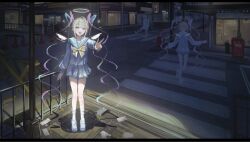  1girl :d blonde_hair blue_bow blue_eyes blue_hair blue_serafuku blue_shirt blue_shoes blue_skirt bow bowtie chouzetsusaikawa_tenshi-chan commentary crosswalk hair_bow halo highres kotowaza long_hair multiple_hair_bows needy_girl_overdose open_mouth outdoors pink_bow pink_hair purple_bow quad_tails road school_uniform serafuku shirt shoes skirt smile solo street untranslatable_commentary v very_long_hair yellow_bow yellow_bowtie yellow_halo 