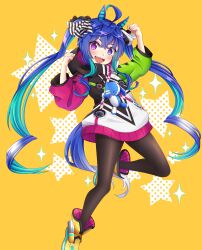  1girl @_@ absurdres ahoge animal_ears animal_hood blue_eyes blue_hair blush boots brown_leggings clenched_hands coat commentary_request crossed_bangs drawstring heterochromia highres hood hooded_coat hoodie horse_ears horse_girl horse_tail leggings long_hair long_sleeves looking_at_viewer multicolored_coat multicolored_hair multicolored_hoodie open_mouth rabbit_hood sharp_teeth smile solo sorakase_sawa star_(symbol) stuffed_animal stuffed_rabbit stuffed_toy tail teeth twin_turbo_(blast_mode!_turbo_engine)_(umamusume) twin_turbo_(umamusume) twintails umamusume violet_eyes yellow_boots 