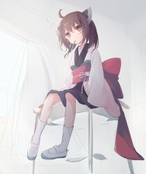  1girl ahoge brown_hair classroom commentary_request from_below gavrof headgear japanese_clothes kimono kneehighs knees long_sleeves mary_janes obi pencil red_eyes sash shoes short_hair sitting sitting_on_table socks solo touhoku_kiritan twintails voiceroid white_kimono white_socks wide_sleeves 