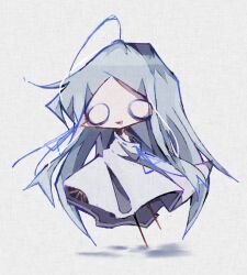  1girl :d ahoge canvas_texture chibi dress forehead full_body grey_hair o_o pandora_(re:zero) re:zero_kara_hajimeru_isekai_seikatsu ribbon ribbon-trimmed_dress ribbon_trim simple_background single_off_shoulder smile solo user_dpgf7477 white_background white_dress white_poncho 