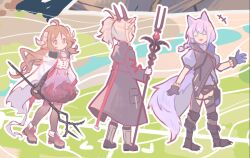  3girls ahoge animal_ears arknights braid brown_hair closed_eyes commentary dress earthspirit_(arknights) eyjafjalla_(arknights) full_body gloves goat_ears goat_girl goat_horns hair_between_eyes highres holding holding_staff horns large_tail long_hair long_sleeves minuo multiple_girls no_mouth open_mouth provence_(arknights) sheep_ears sheep_girl sheep_horns smile staff standing tail untranslatable_commentary wolf_ears wolf_girl wolf_tail 