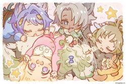  2boys 3girls =_= aged_down animal_ears baby bhaisa_(granblue_fantasy) bib blonde_hair blue_eyes blue_hair bow brown_hair cagliostro_(granblue_fantasy) commentary_request erune eustace_(granblue_fantasy) ewiyar_(granblue_fantasy) feower_(granblue_fantasy) granblue_fantasy grey_hair hair_over_one_eye medium_hair multiple_boys multiple_girls official_art onesie open_mouth petting single_hair_intake smile 